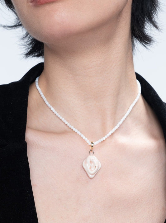 My body - Shell beads ear necklace- porcelain detachable charm pendant