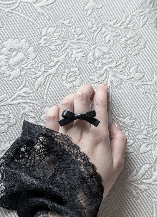 Bowtie Maniac - Small Ribbon Ceramic Bowtie Gold Plated Brass Ring Sterling Silver Ring