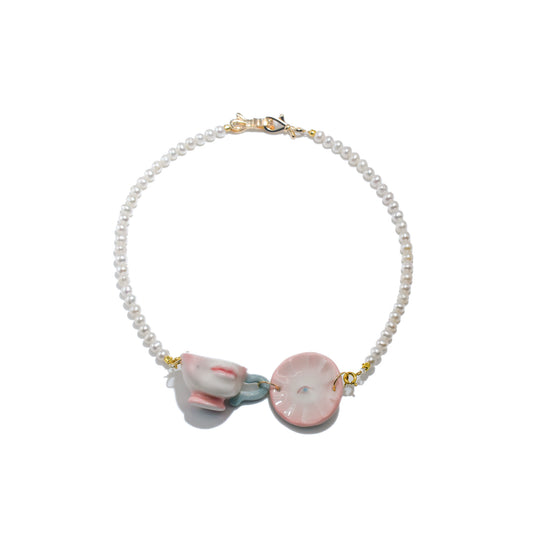 The Cup Theater mini cup and plate porcelain Freshwater Pearl necklace