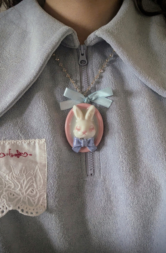 Grumpy Bunny Portrait Brooch Pendant Necklace