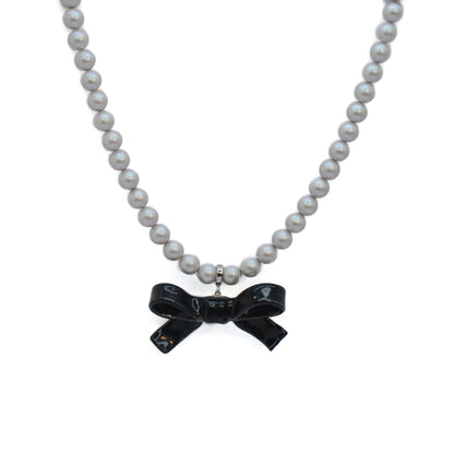 Bowtie Maniac - Medium Ceramic Ribbon Bowtie Freshwater Pearl Crystal Pearl Necklace Black