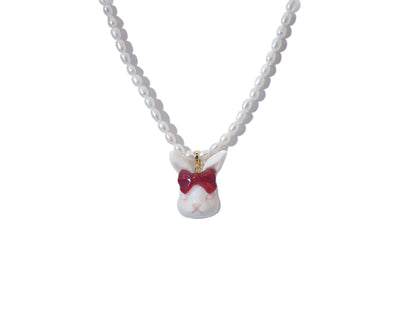 Grumpy Bunny- Pearl and Rabbit Bowtie Necklace