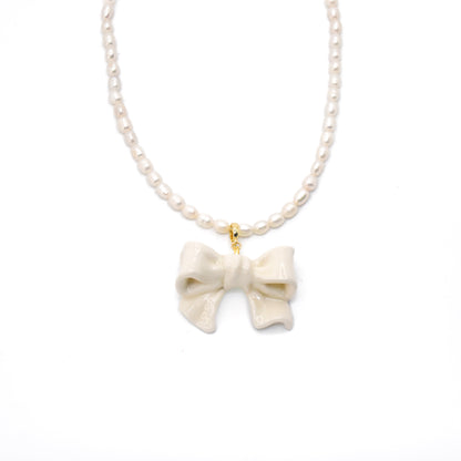 Bowtie Maniac - Large Bowtie Ceramic Detachable Pendant Pearl Necklace