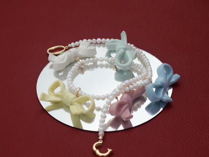 Bowtie Maniac - Small Ribbon Bowtie Ceramic Detachable Pendant Charm Pearl Necklace