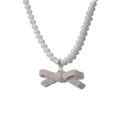 Bowtie Maniac - Small Ribbon Bowtie Ceramic Detachable Pendant Pearl Necklace