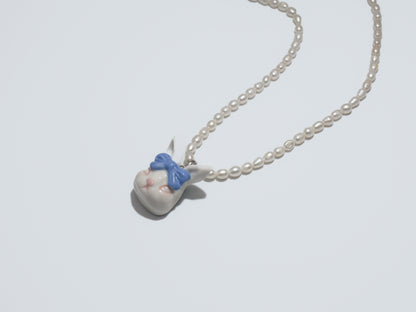 Grumpy Bunny- Pearl and Rabbit Bowtie Necklace