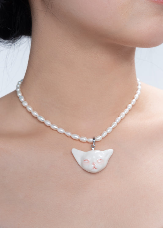 Angry Puss - Pearl and Cat Necklace