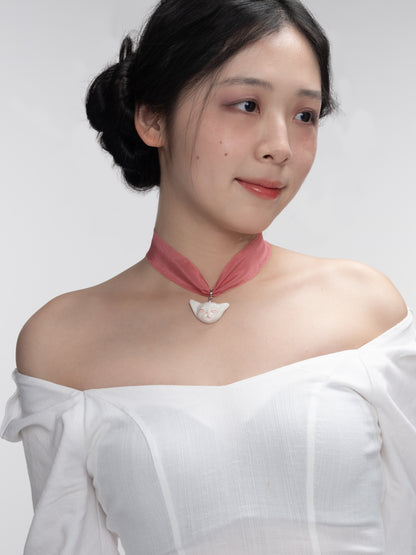 Angry Puss Detachable Cat Charm Silk Choker Necklace