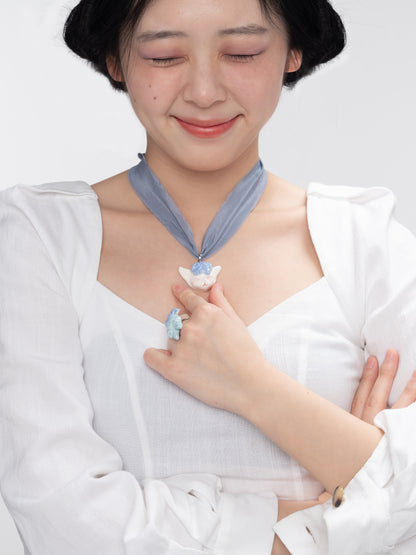 Angry Puss Detachable Cat Charm Silk Choker Necklace