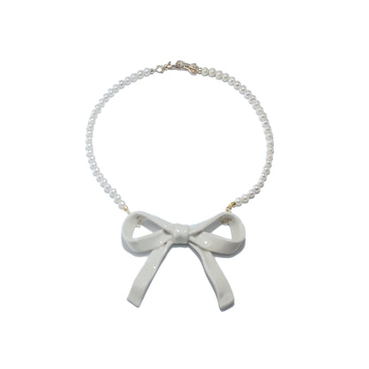 Bowtie Maniac - Large Ceramic Ribbon Bowtie Round Freshwater Pearl Necklace