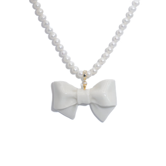 Bowtie Maniac - Large Ceramic Bowtie Round Freshwater Pearl Necklace