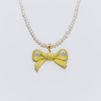 Bowtie Maniac - Small Ribbon Bowtie Ceramic Detachable Pendant Charm Pearl Necklace