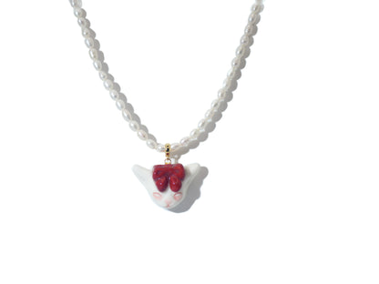 Angry Puss - Pearl and Cat Bowtie Necklace