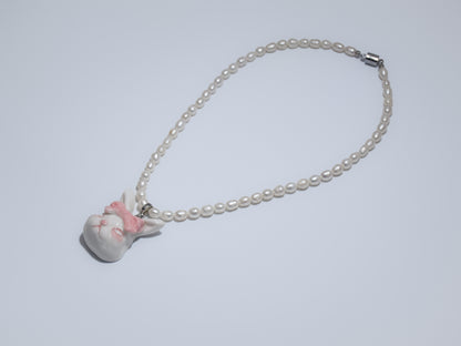 Grumpy Bunny- Pearl and Rabbit Bowtie Necklace