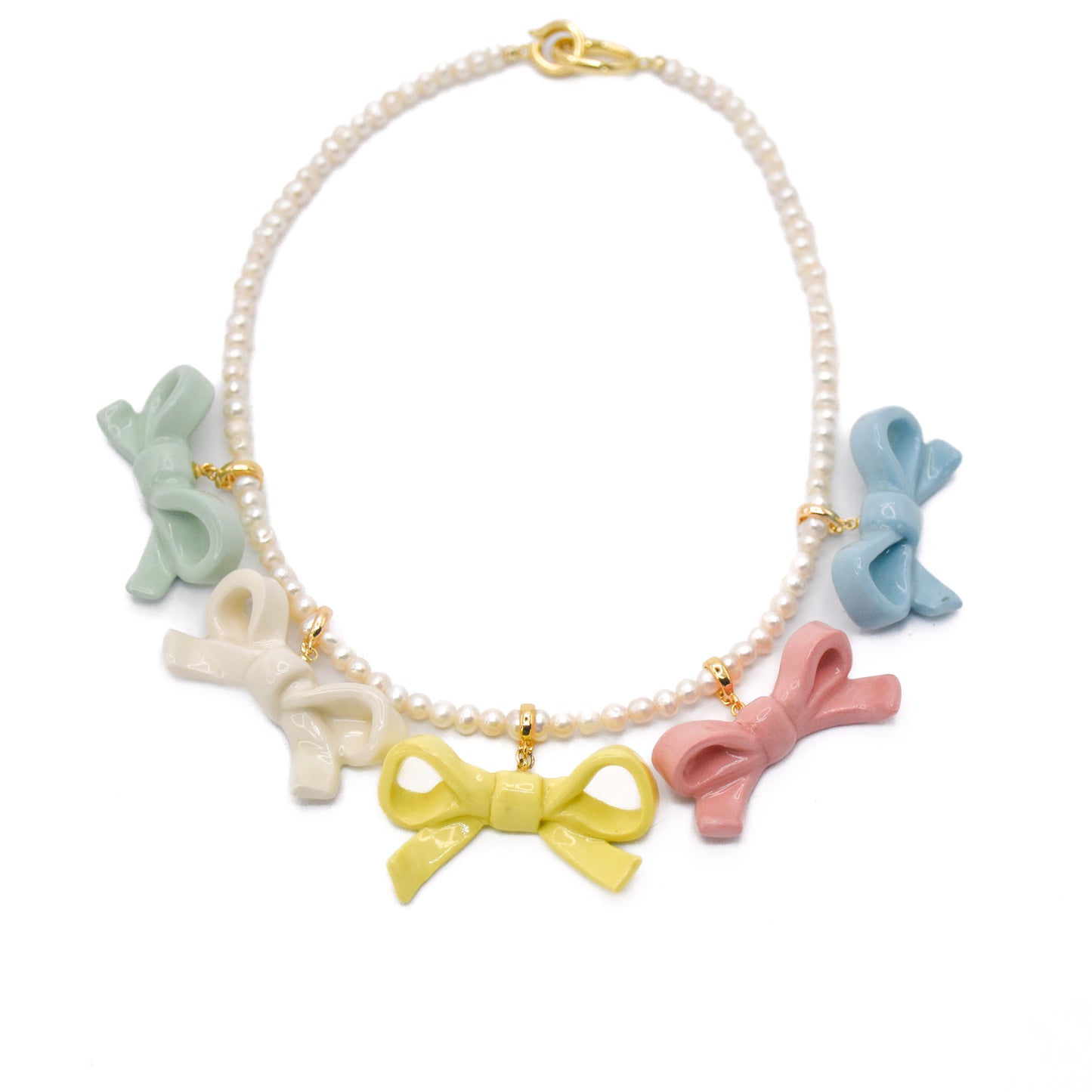 Bowtie Maniac - Small Ribbon Bowtie Ceramic Detachable Pendant Charm Pearl Necklace