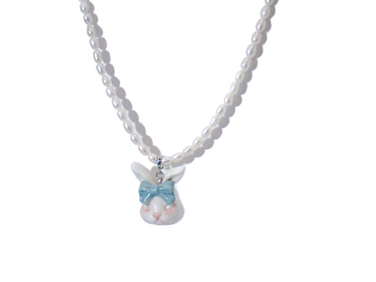 Grumpy Bunny- Pearl and Rabbit Bowtie Necklace