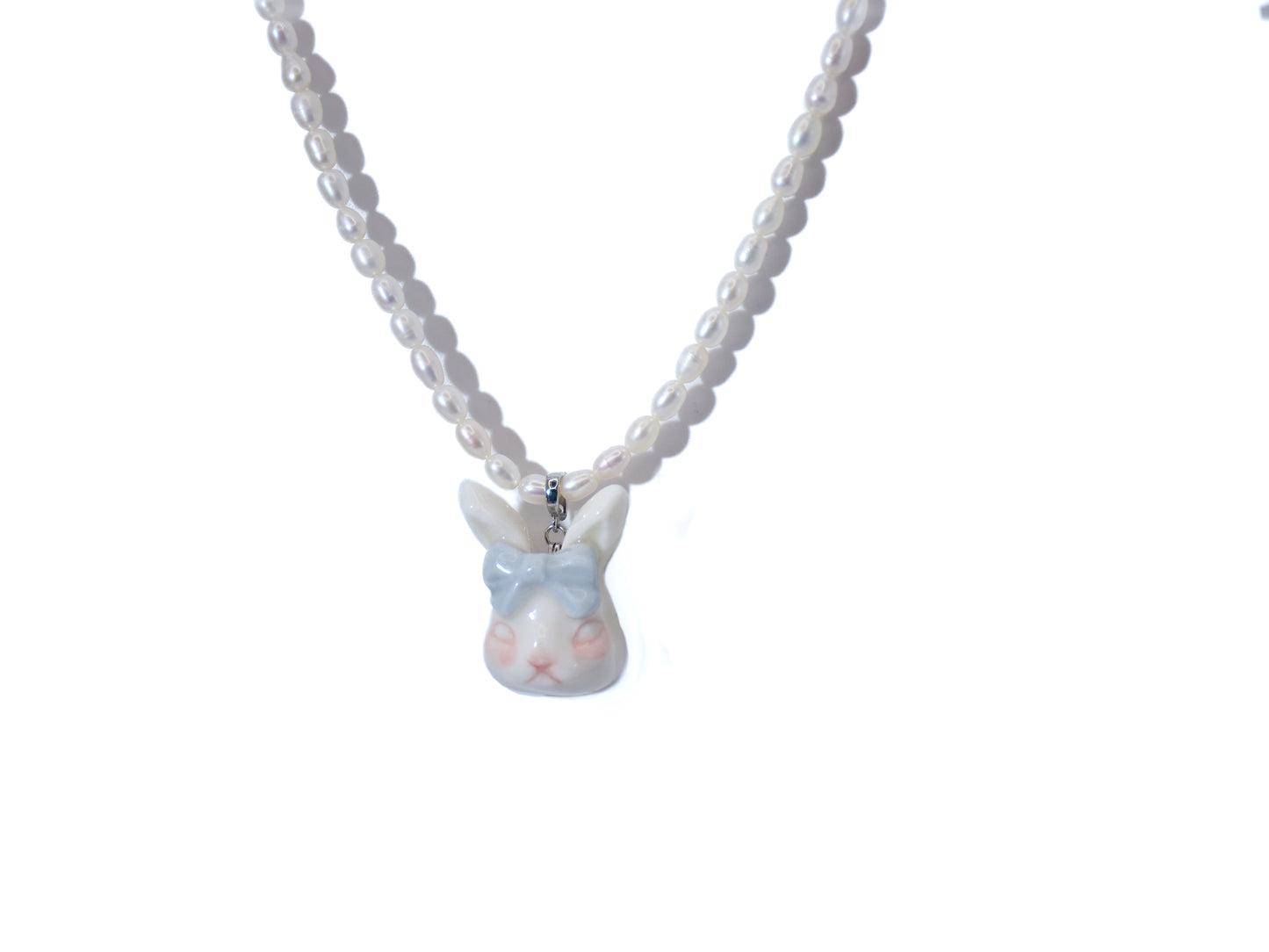 Grumpy Bunny- Pearl and Rabbit Bowtie Necklace