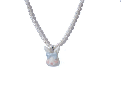 Grumpy Bunny- Pearl and Rabbit Bowtie Necklace