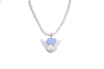 Angry Puss - Pearl and Cat Bowtie Necklace