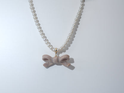 Bowtie Maniac - Small Ribbon Bowtie Ceramic Detachable Pendant Charm Pearl Necklace