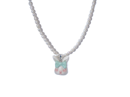 Grumpy Bunny- Pearl and Rabbit Bowtie Necklace