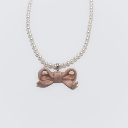 Bowtie Maniac - Small Ribbon Bowtie Ceramic Detachable Pendant Pearl Necklace