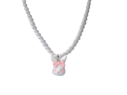 Grumpy Bunny- Pearl and Rabbit Bowtie Necklace