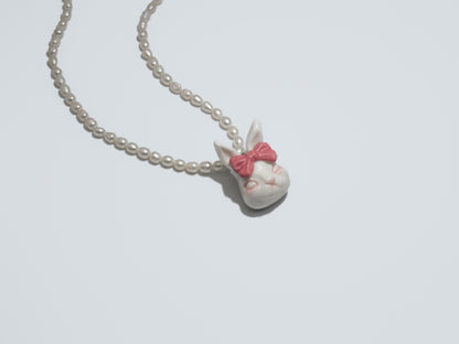 Grumpy Bunny- Pearl and Rabbit Bowtie Necklace