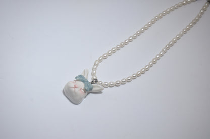 Grumpy Bunny- Pearl and Rabbit Bowtie Necklace