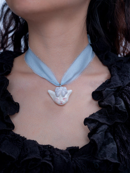 Angry Puss Detachable Cat Charm Silk Choker Necklace