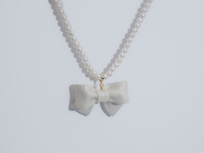 Bowtie Maniac - Large Ceramic Bowtie Round Freshwater Pearl Necklace