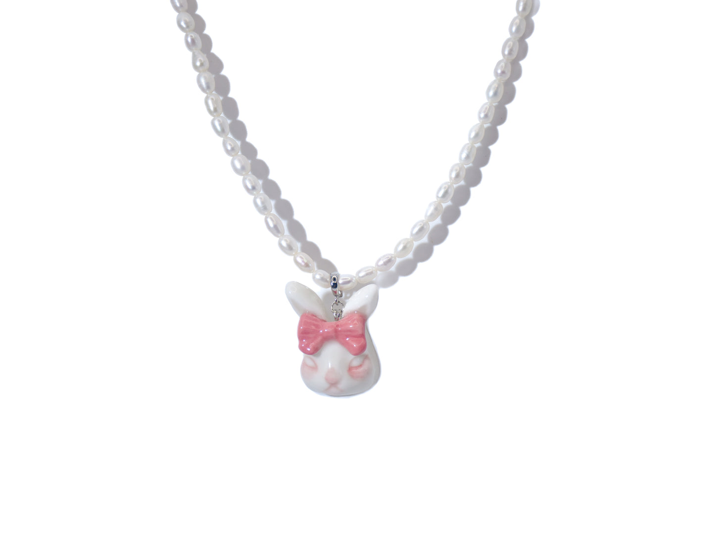 Grumpy Bunny- Pearl and Rabbit Bowtie Necklace