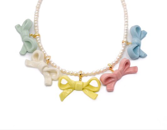 Bowtie Maniac - Rinbow Ribbon Bowtie Set Ceramic Pearl Necklace