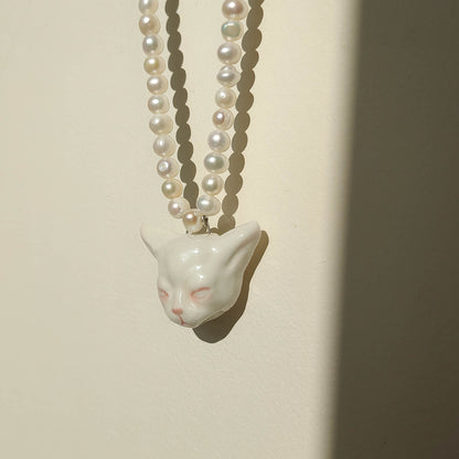 Angry Puss - Pearl and Cat Necklace