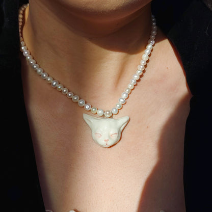 Angry Puss - Pearl and Cat Necklace