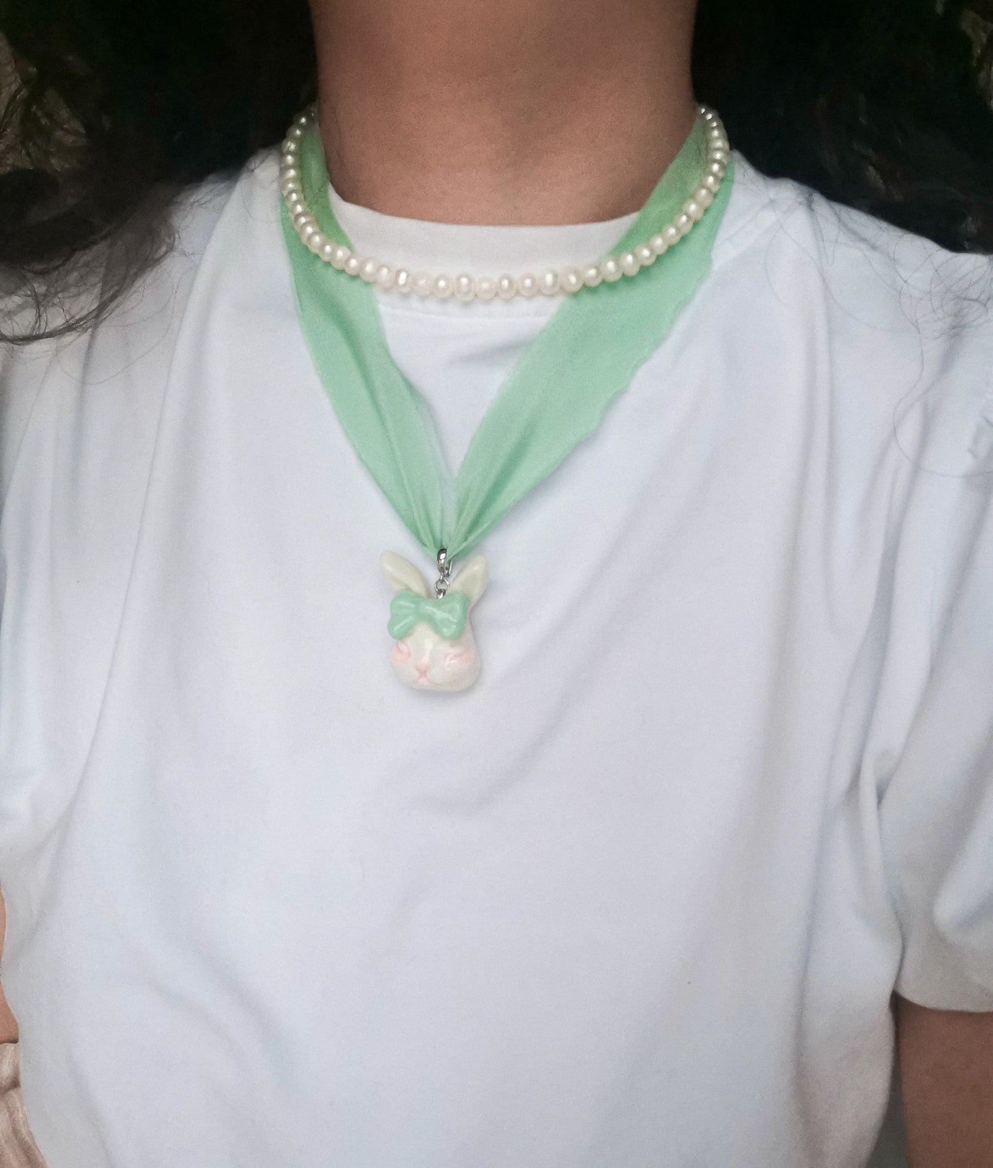 Grumpy Bunny Detachable Rabbit Charm Silk Choker Necklace