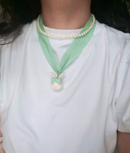 Grumpy Bunny Detachable Rabbit Charm Silk Choker Necklace
