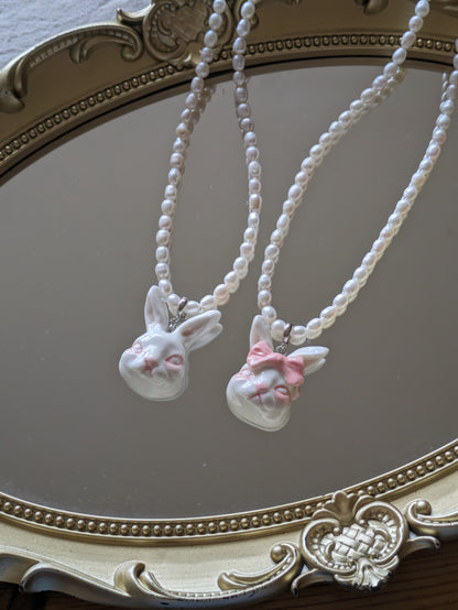 Grumpy Bunny- Pearl and Rabbit Bowtie Necklace