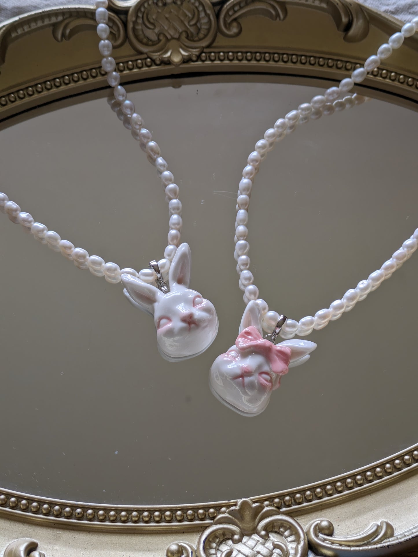 Grumpy Bunny- Pearl and Rabbit Bowtie Necklace