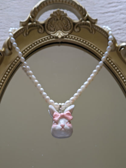 Grumpy Bunny- Pearl and Rabbit Bowtie Necklace