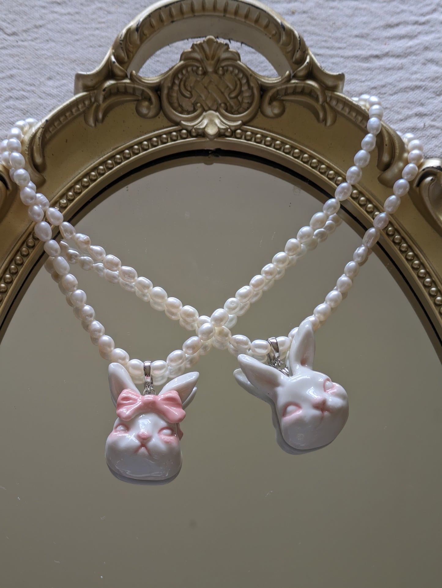 Grumpy Bunny- Pearl and Rabbit Bowtie Necklace