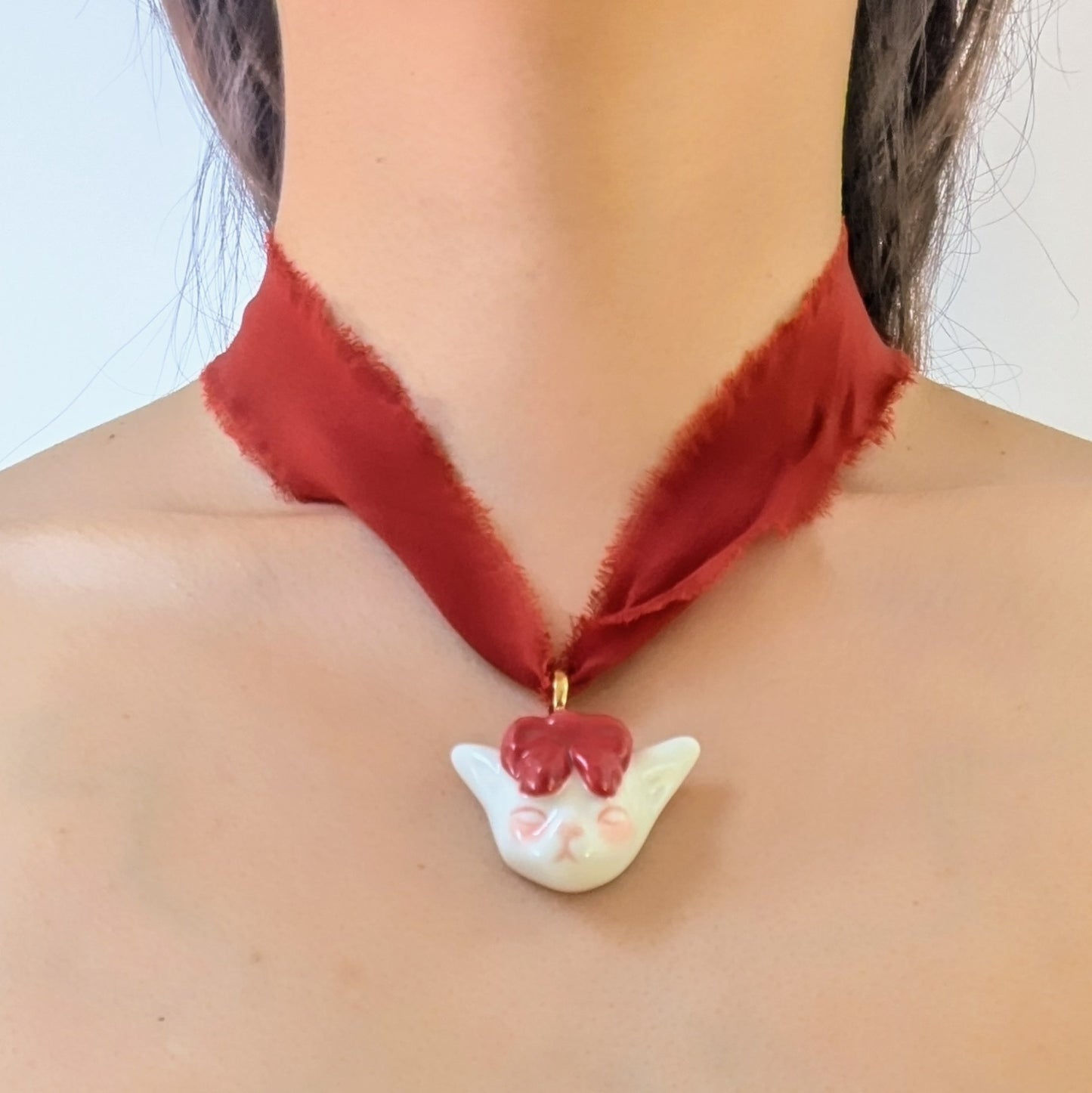 Angry Puss Silk Choker Necklace Detachable Pendant