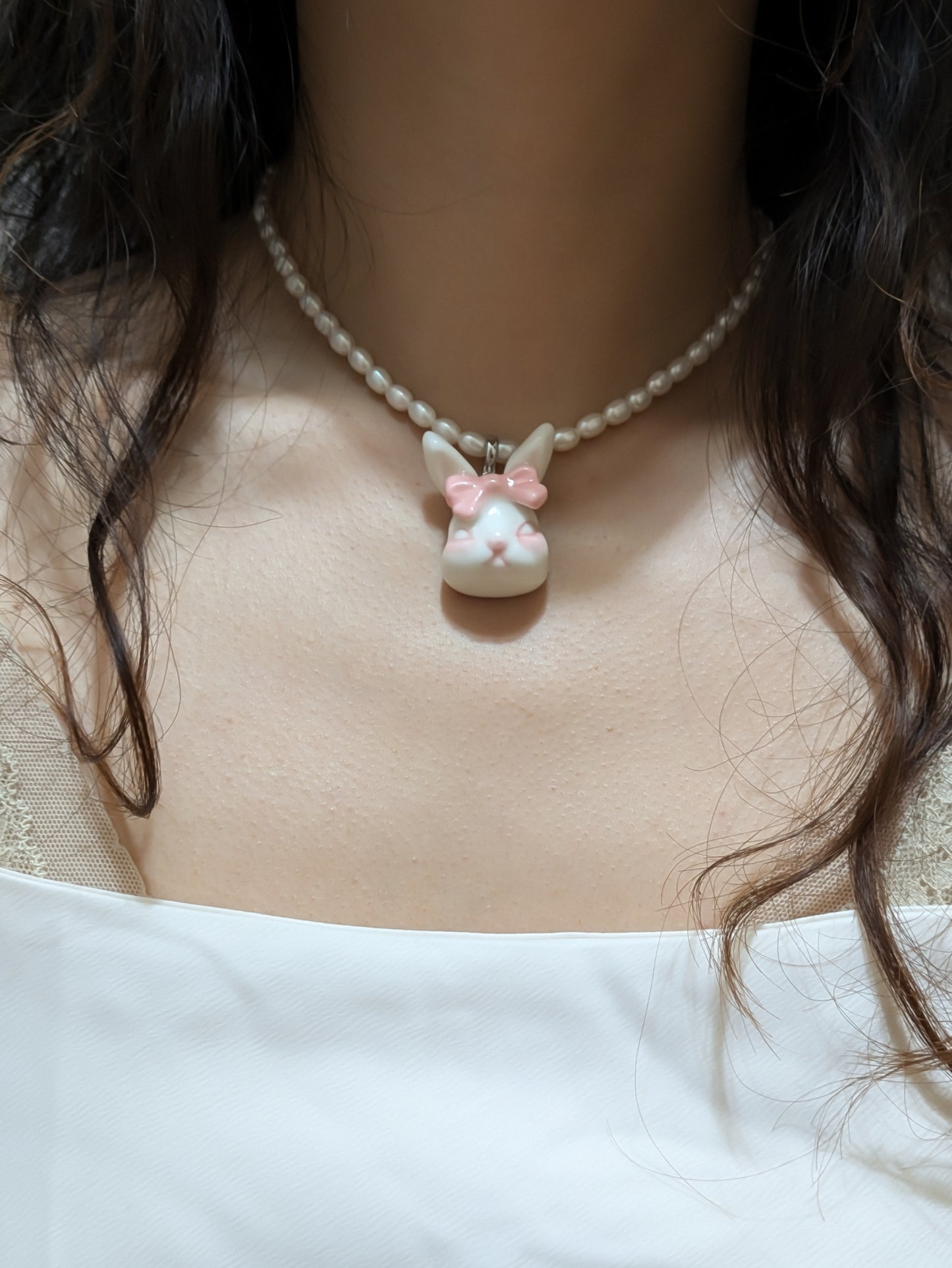 Grumpy Bunny- Pearl and Rabbit Bowtie Necklace