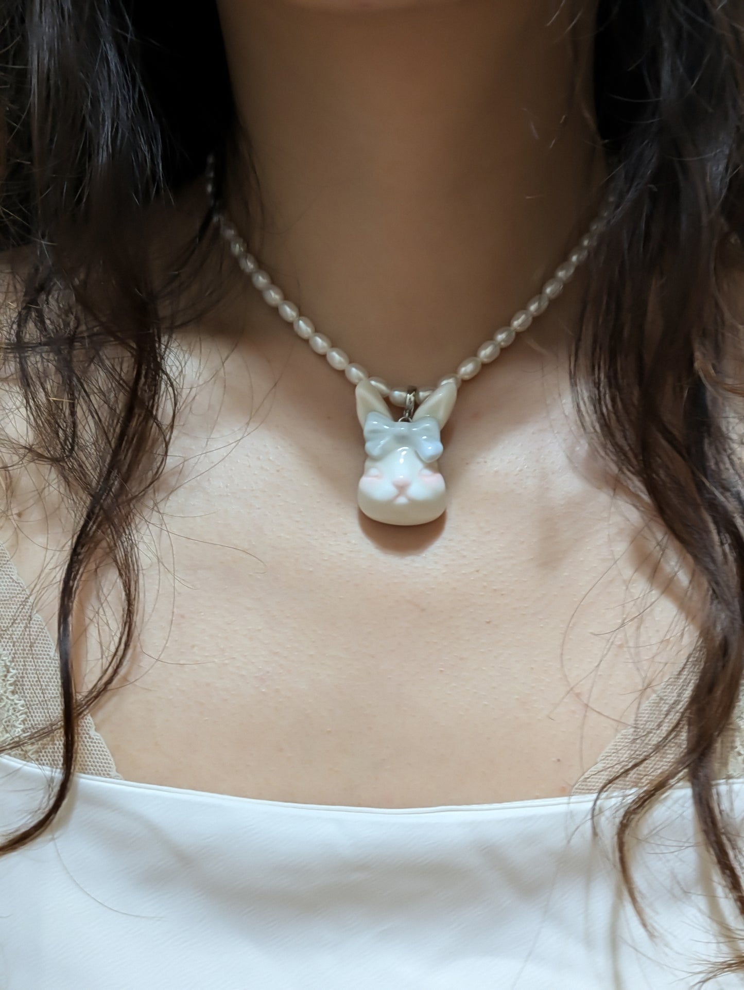 Grumpy Bunny- Pearl and Rabbit Bowtie Necklace