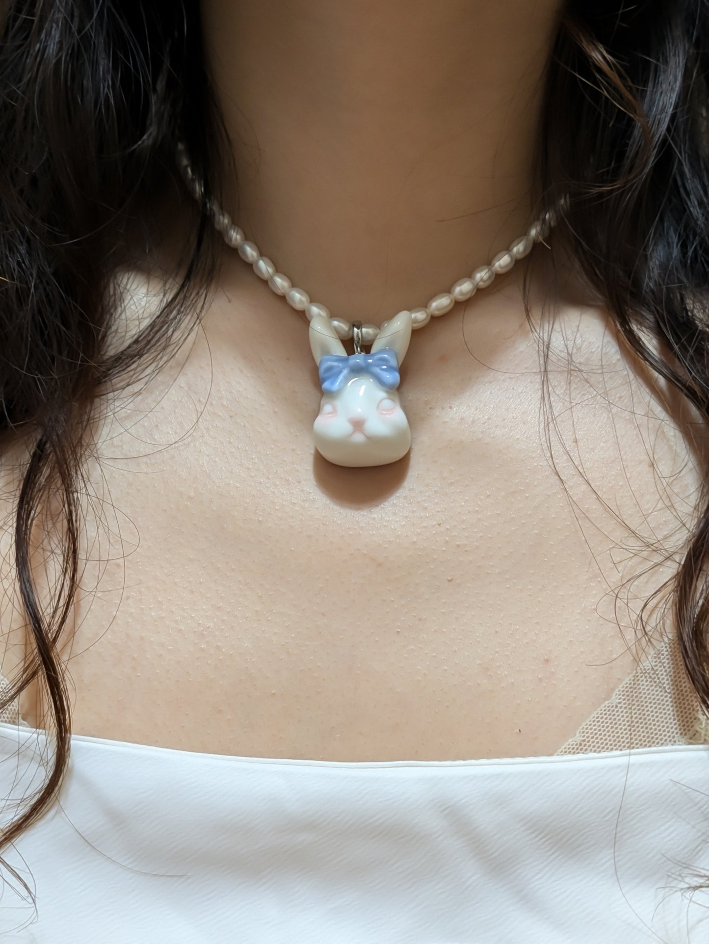 Grumpy Bunny- Pearl and Rabbit Bowtie Necklace