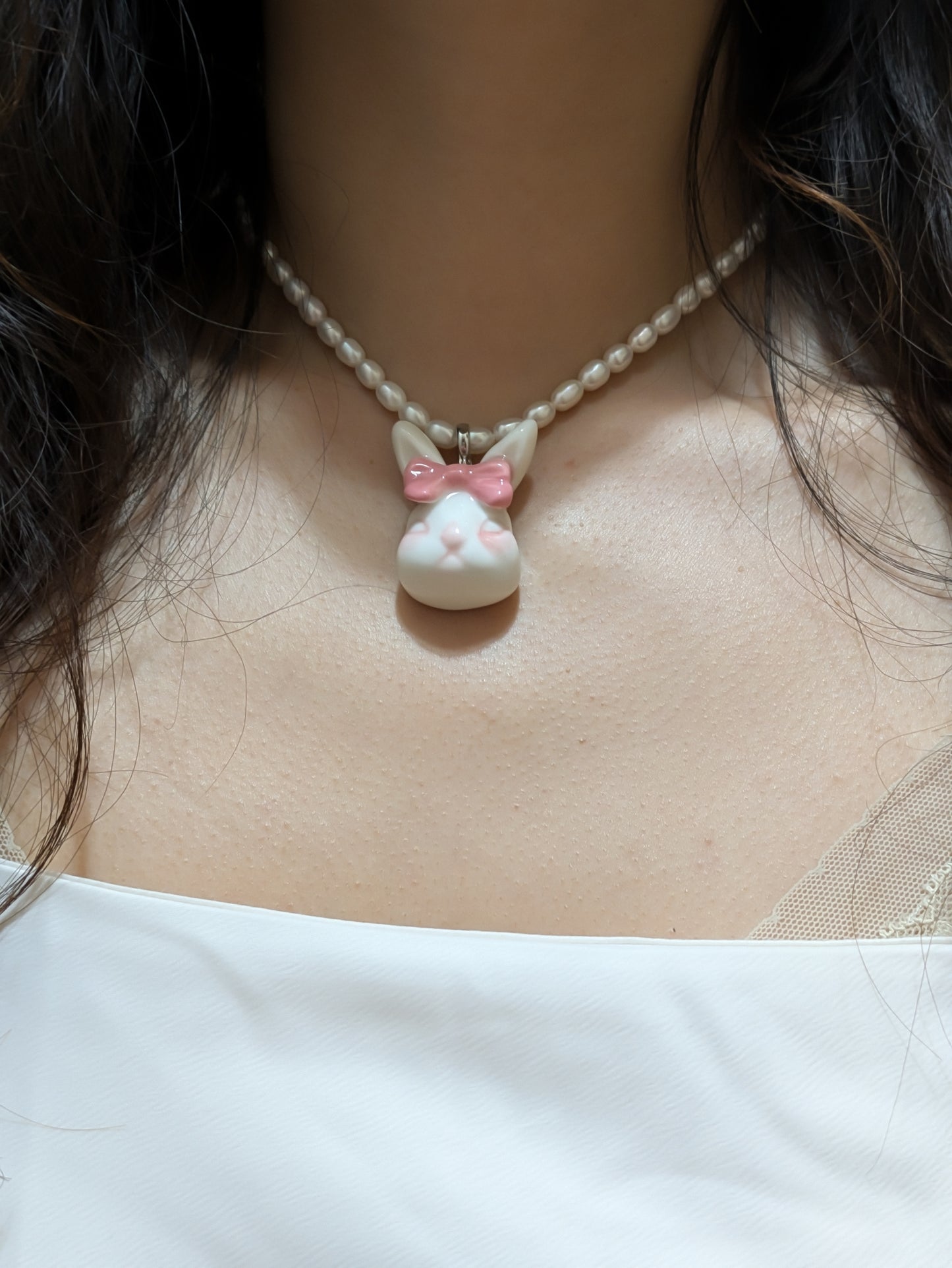 Grumpy Bunny- Pearl and Rabbit Bowtie Necklace