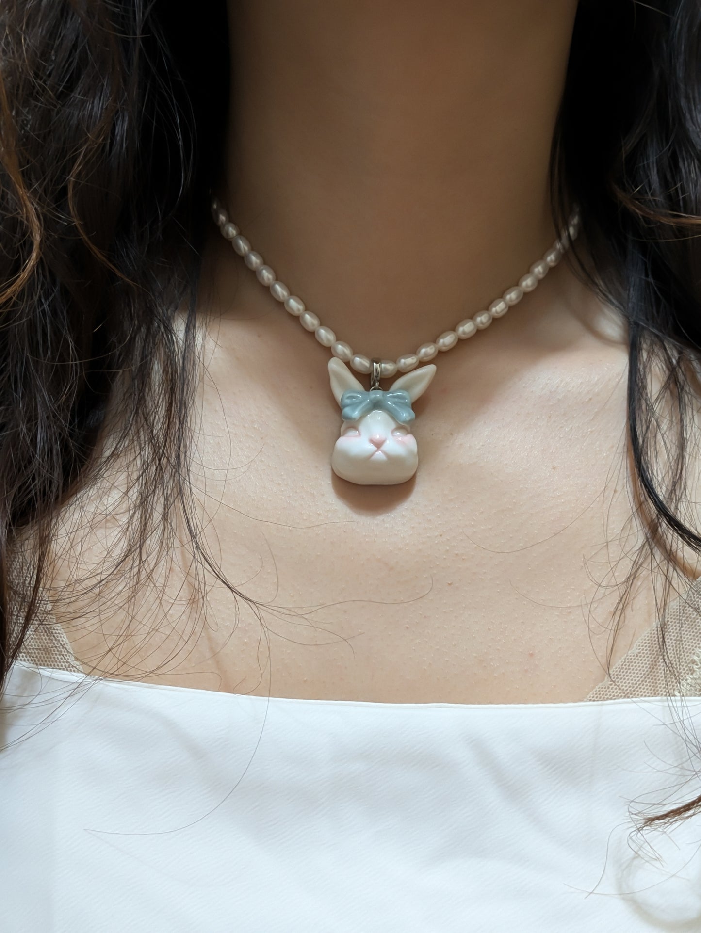 Grumpy Bunny- Pearl and Rabbit Bowtie Necklace