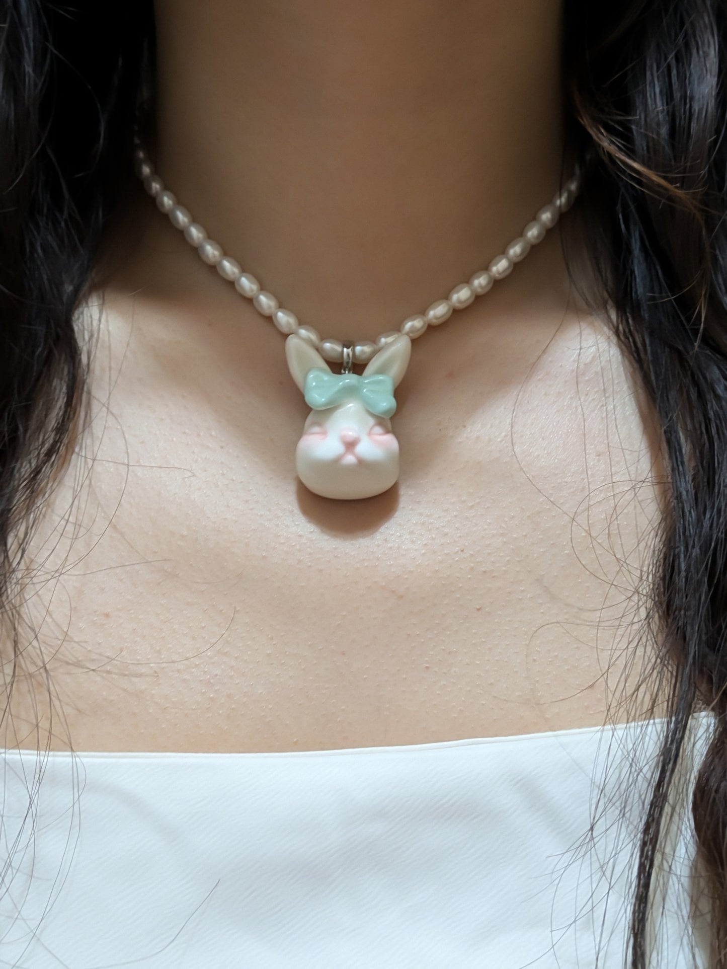 Grumpy Bunny- Pearl and Rabbit Bowtie Necklace