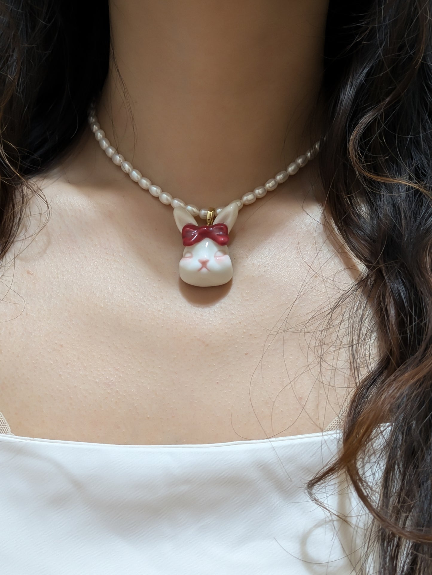 Grumpy Bunny- Pearl and Rabbit Bowtie Necklace