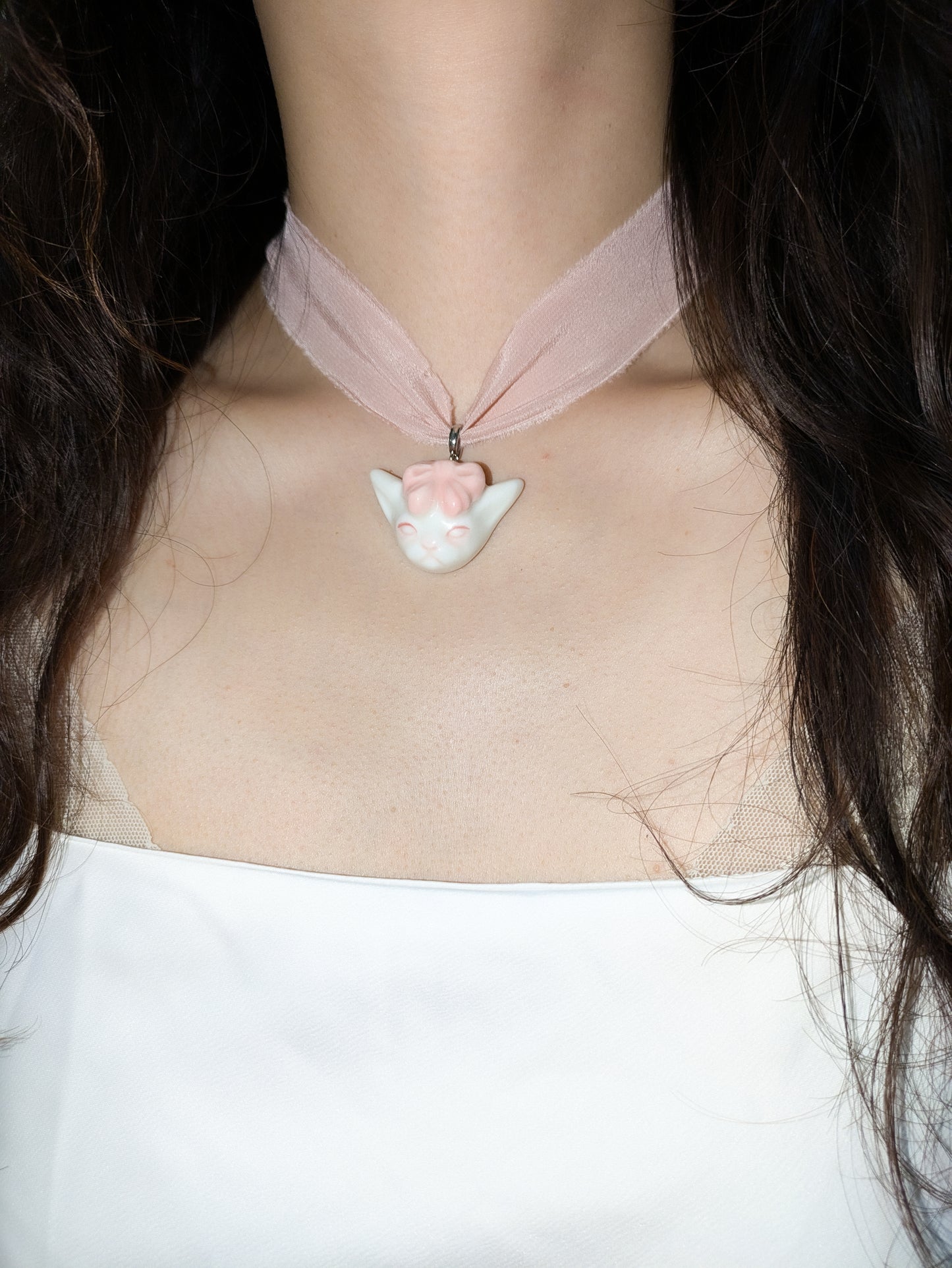 Angry Puss Silk Choker Necklace Detachable Pendant